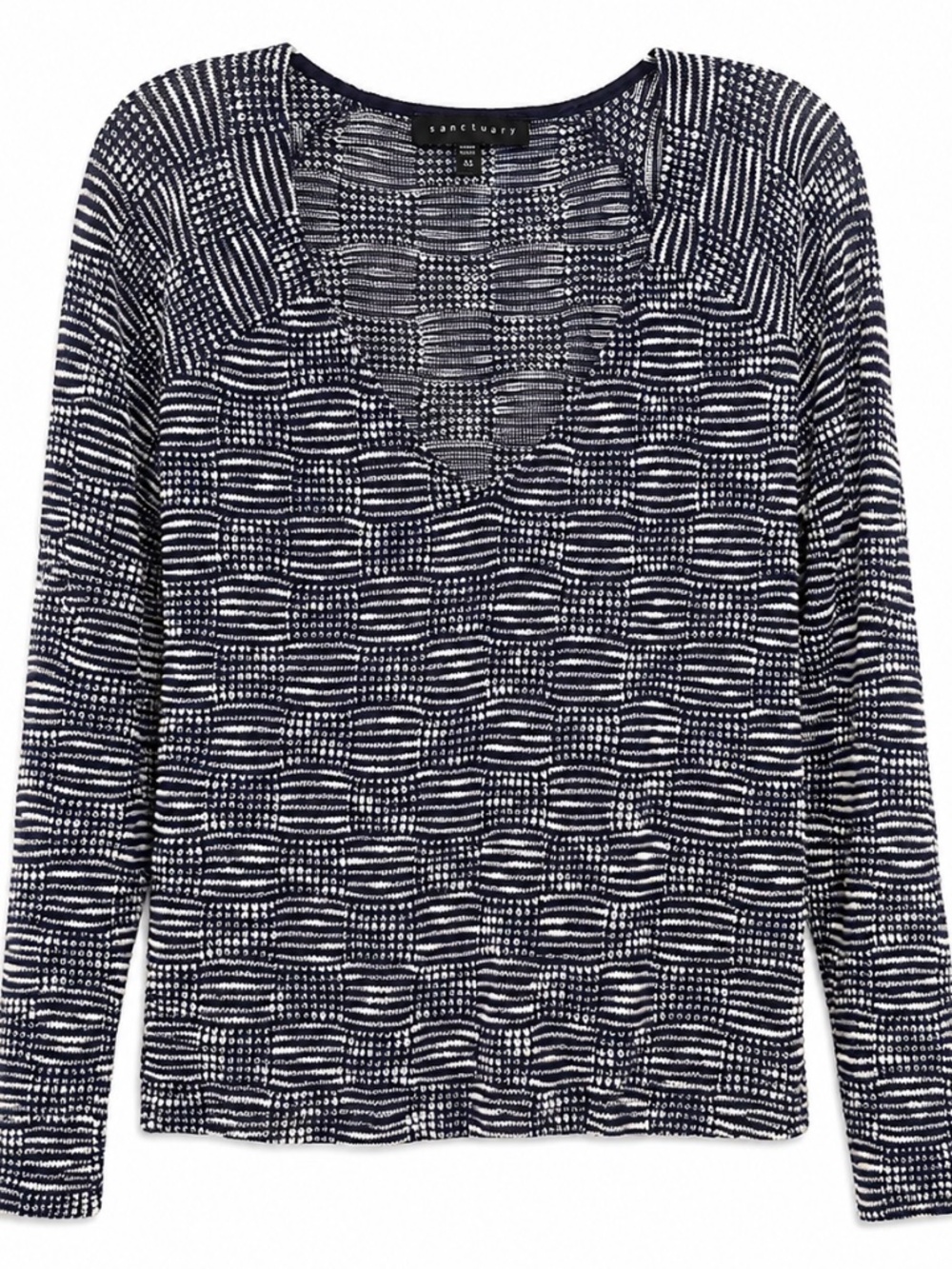 ANTHROPOLOGIE Sanctuary Navy Cream Basketweave Geometric V-Neck Knit Top XS - Picture 3 of 8